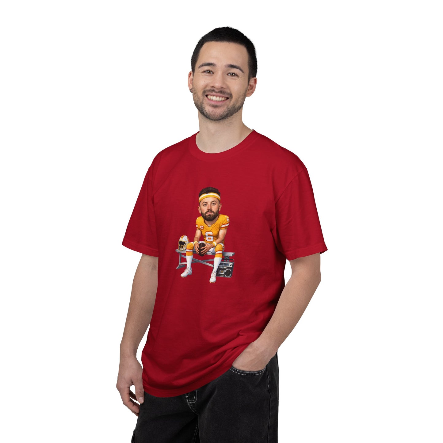 Tampa Bay Bucs Baker Mayfield Football Player Caricature T-shirt | Bench, Helmet, Boombox