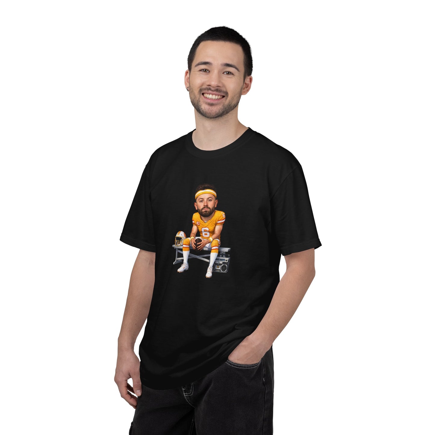 Tampa Bay Bucs Baker Mayfield Football Player Caricature T-shirt | Bench, Helmet, Boombox