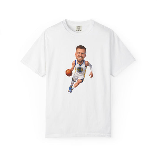 Golden State Warriors KRISTAPS PORZINGIS | Basketball Player Caricature T-Shirt | Dribbling Athlete Illustration