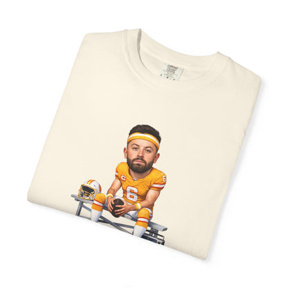 Tampa Bay Bucs Baker Mayfield Football Player Caricature T-shirt | Bench, Helmet, Boombox